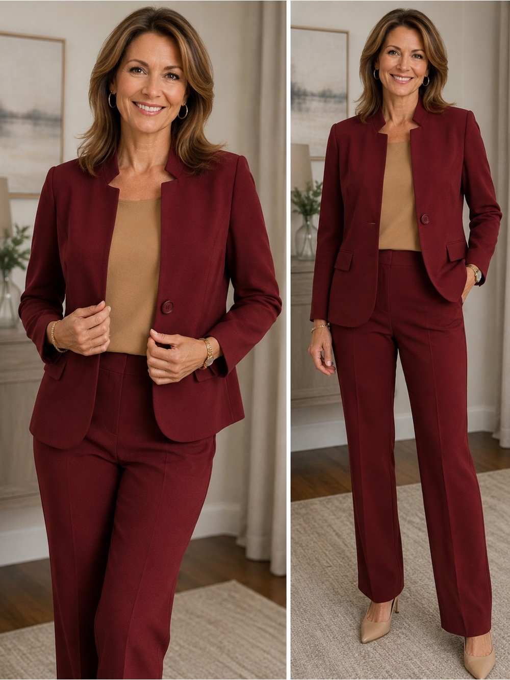 KASPER 2-PIECE SET SUIT BURGUNDY BLAZER  TAN SHELL TOP BUSINESS CAREER WEAR 4P